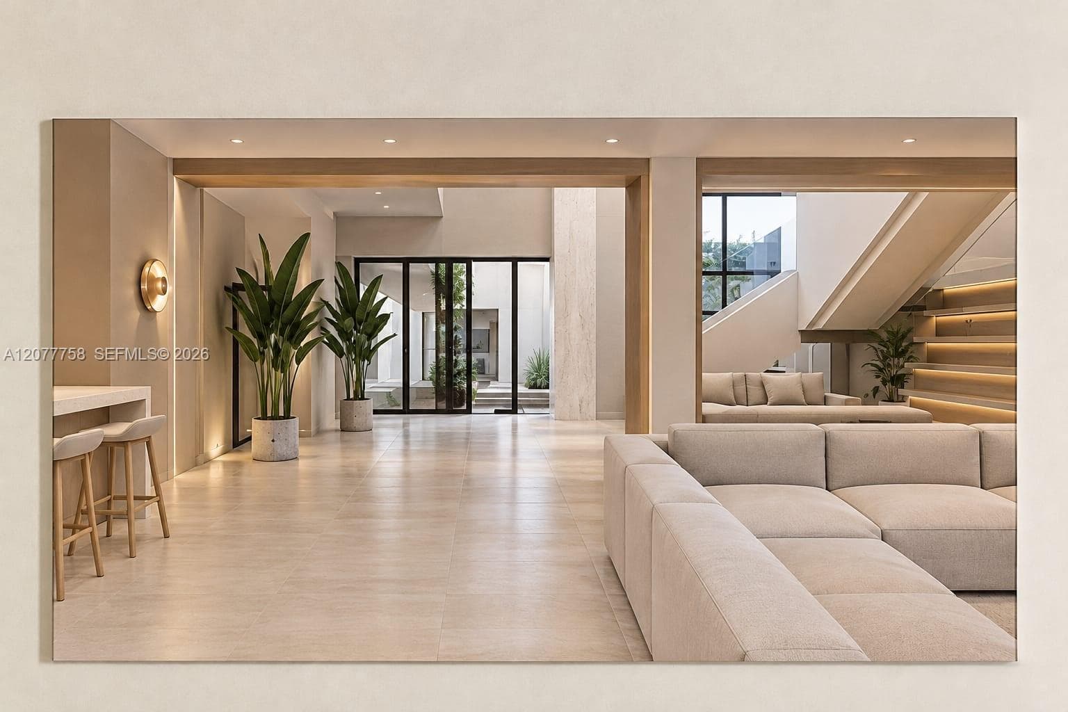 Recessed lighting, light-toned tile flooring, and a floating staircase with integrated lighting