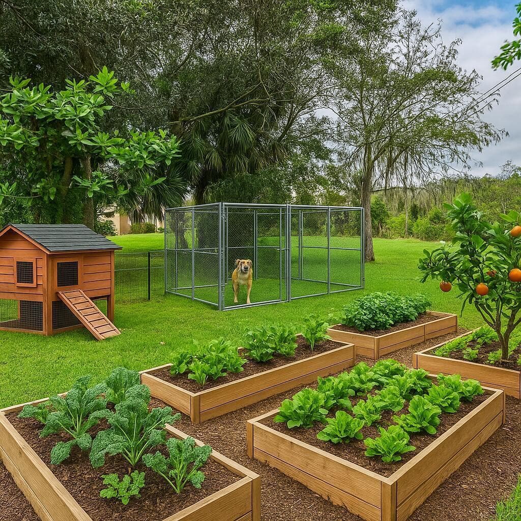 Sunny Backyard with Chicken Coop and Gar