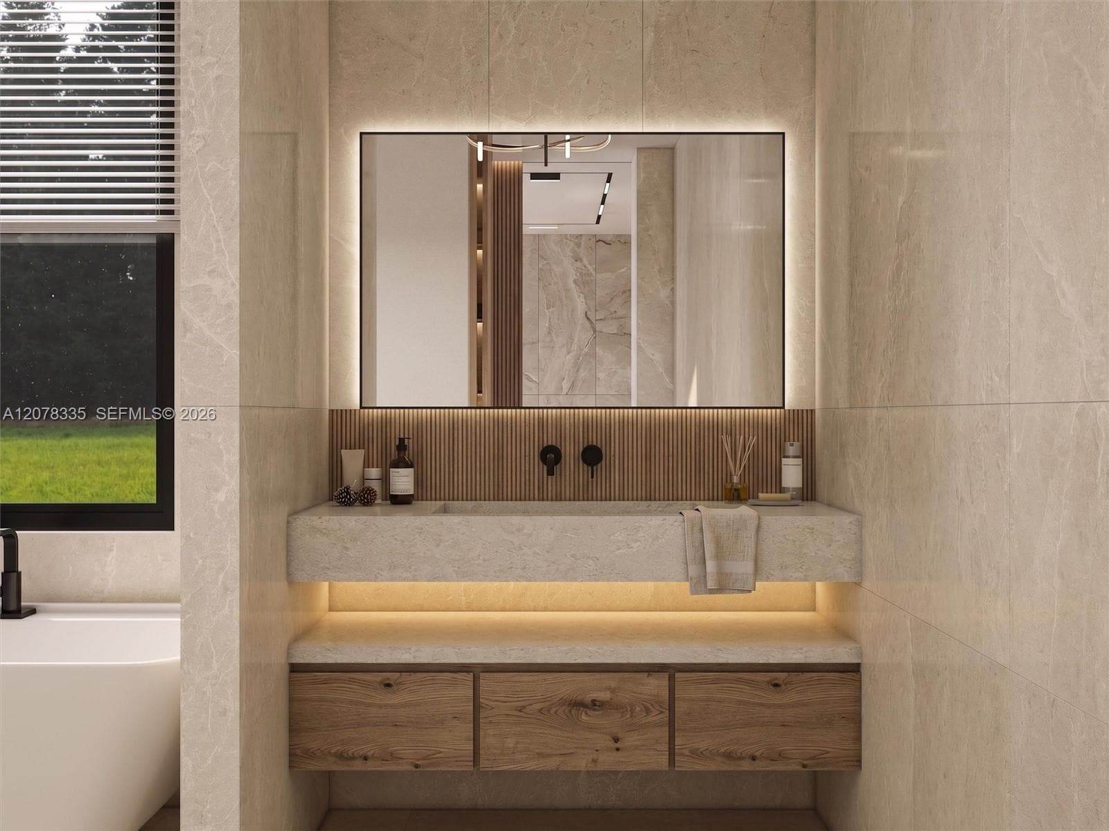 Spa-inspired primary bathroom with backlit mirror, floating wood vanity, and modern designer fixtures.