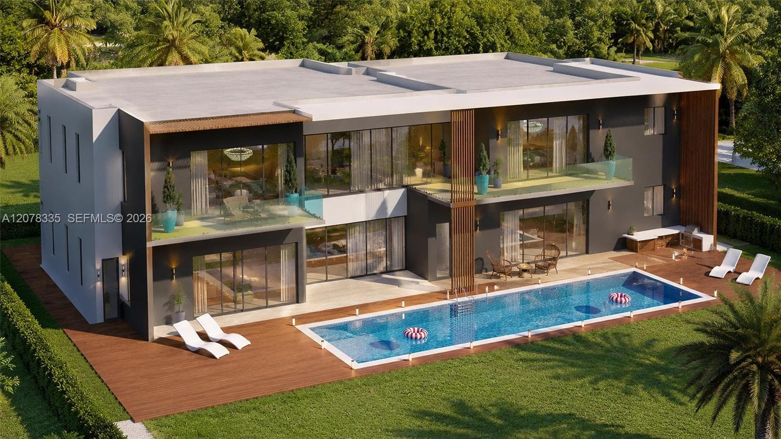 Rear view of the home overlooking a sparkling pool and sleek geometric design.