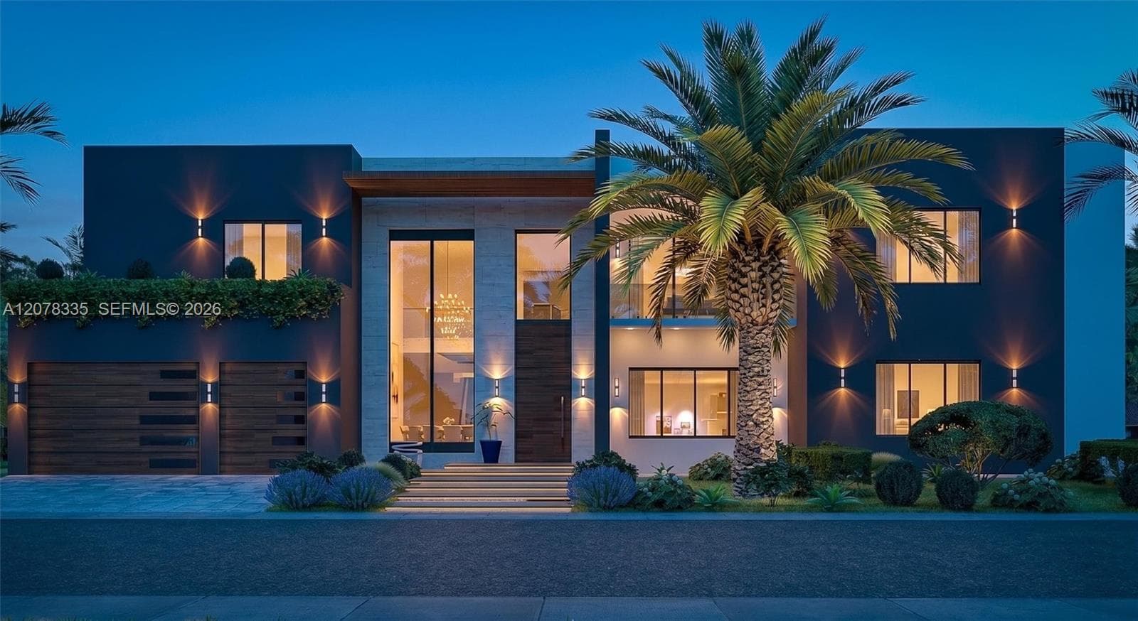 Evening front view highlighting illuminated glass walls, palm trees, and elegant entrance.
