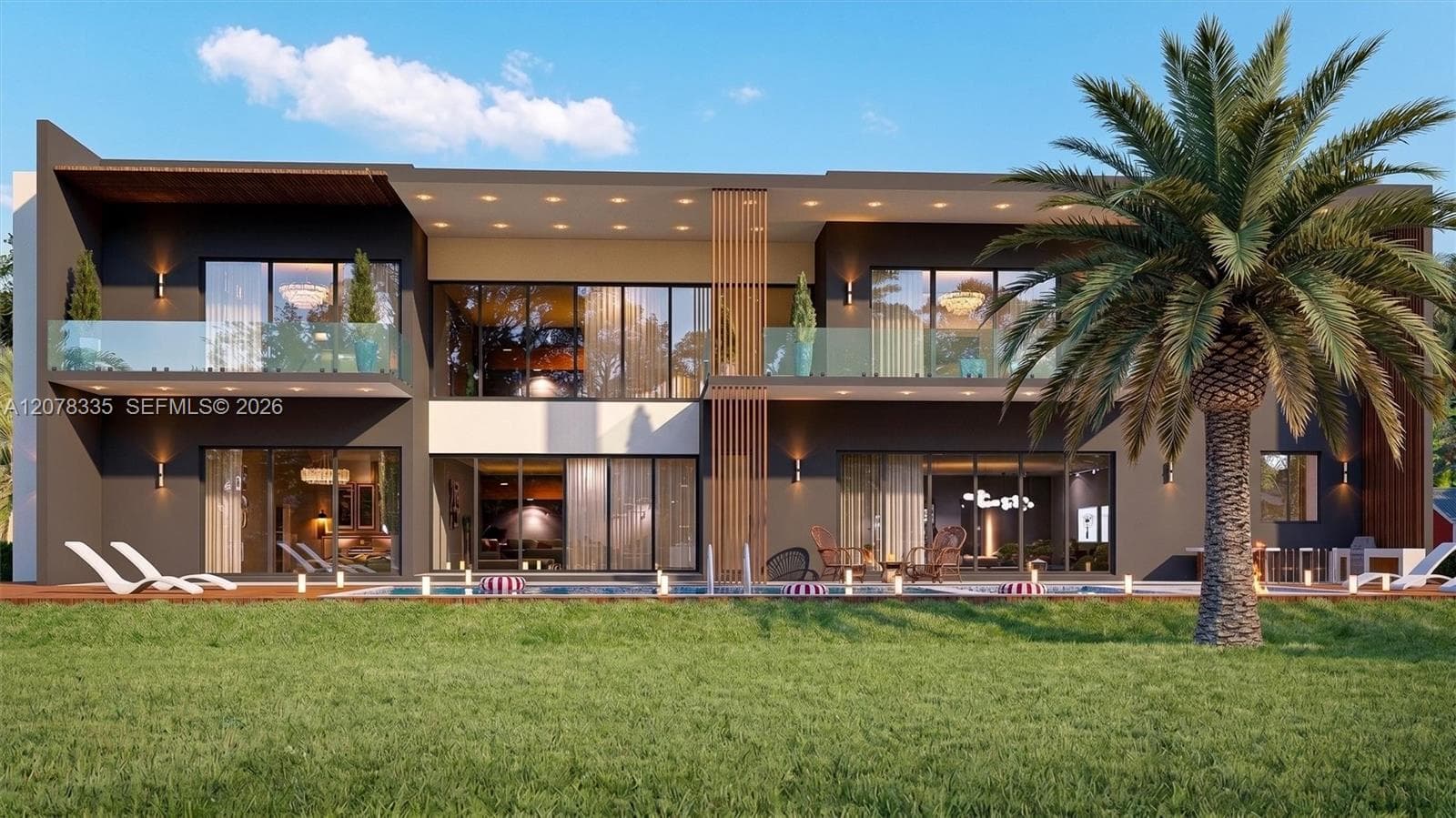 Modern two-story rear exterior featuring expansive glass walls and swaying palm trees.
