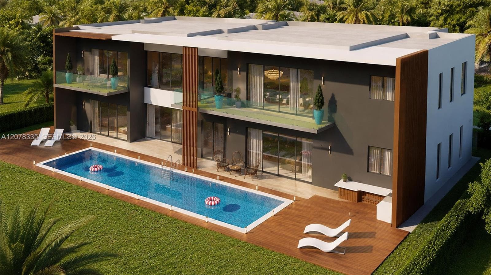Backyard exterior featuring a resort-style pool, modern architecture, and floor-to-ceiling glass.