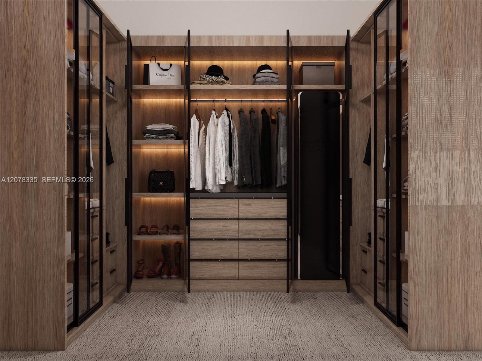 Spacious walk-in closet with custom built-in shelving and premium wood cabinetry.