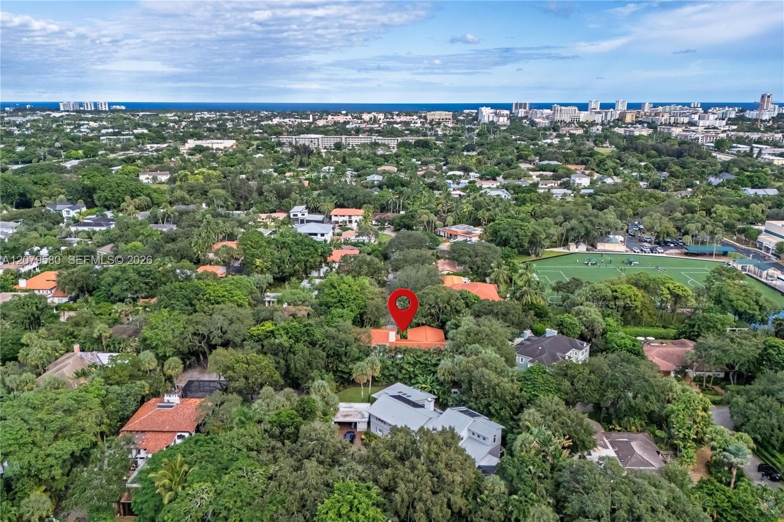 Aerial perspective featuring mature tree canopy, residential landscape, and coastal horizon