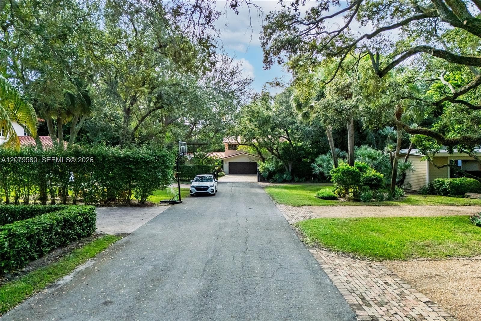 Elegant driveway lined with mature trees and lush landscaping, featuring a paved entry approach with manicured hedgerow borders and verdant grounds throughout the property
