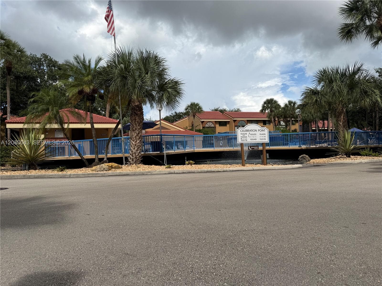 Wide shot of elevated pool and lounge areas