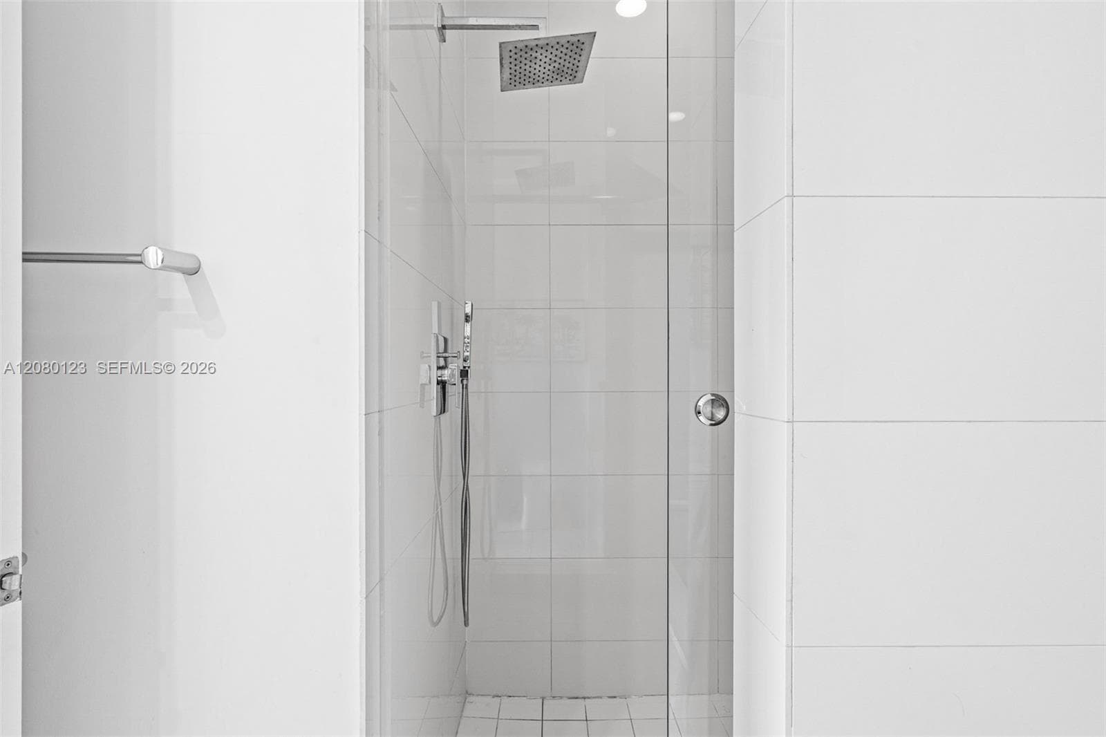 Glass-enclosed walk-in shower with rainfall head and handheld fixtures at PH-5209.