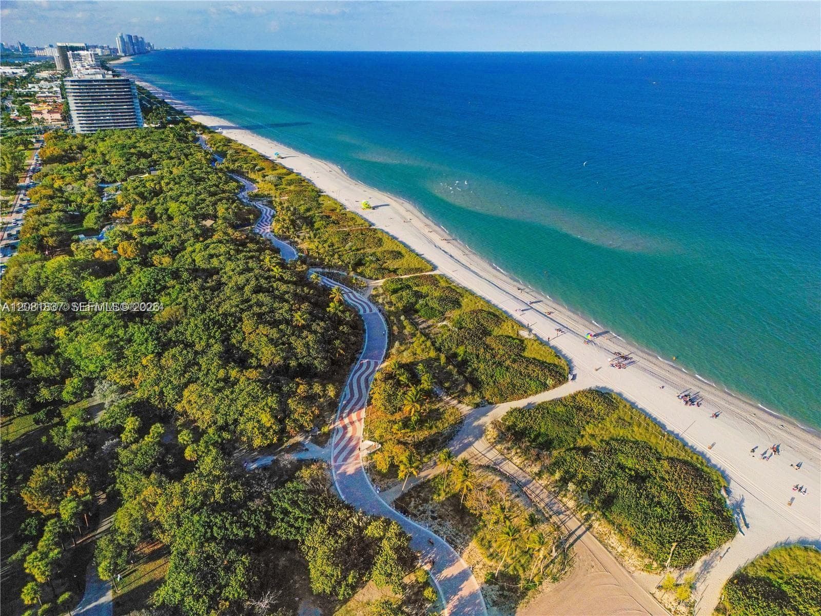 Coastal landscape featuring an extensive sandy beach, mature vegetation, and a paved serpentine pathway