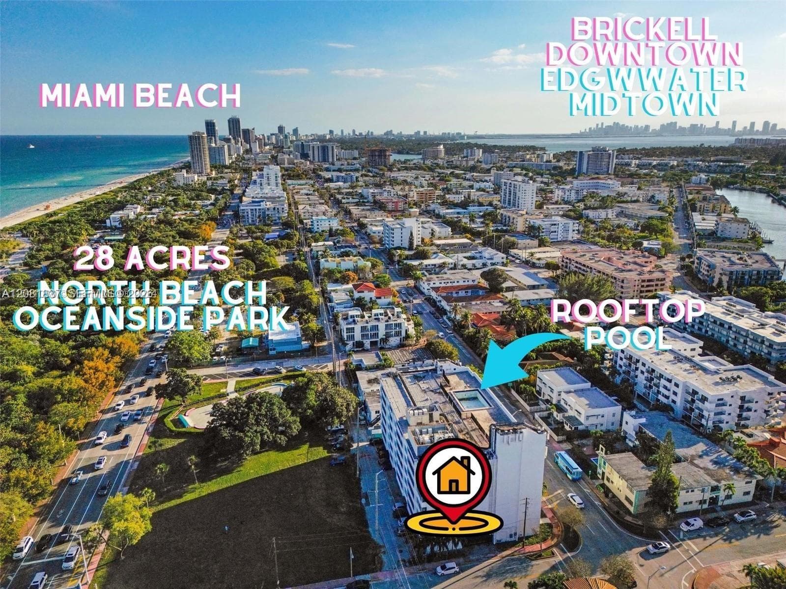 Aerial perspective of the property featuring a rooftop pool, situated in proximity to North Beach Oceanside Park and regional coastal landmarks