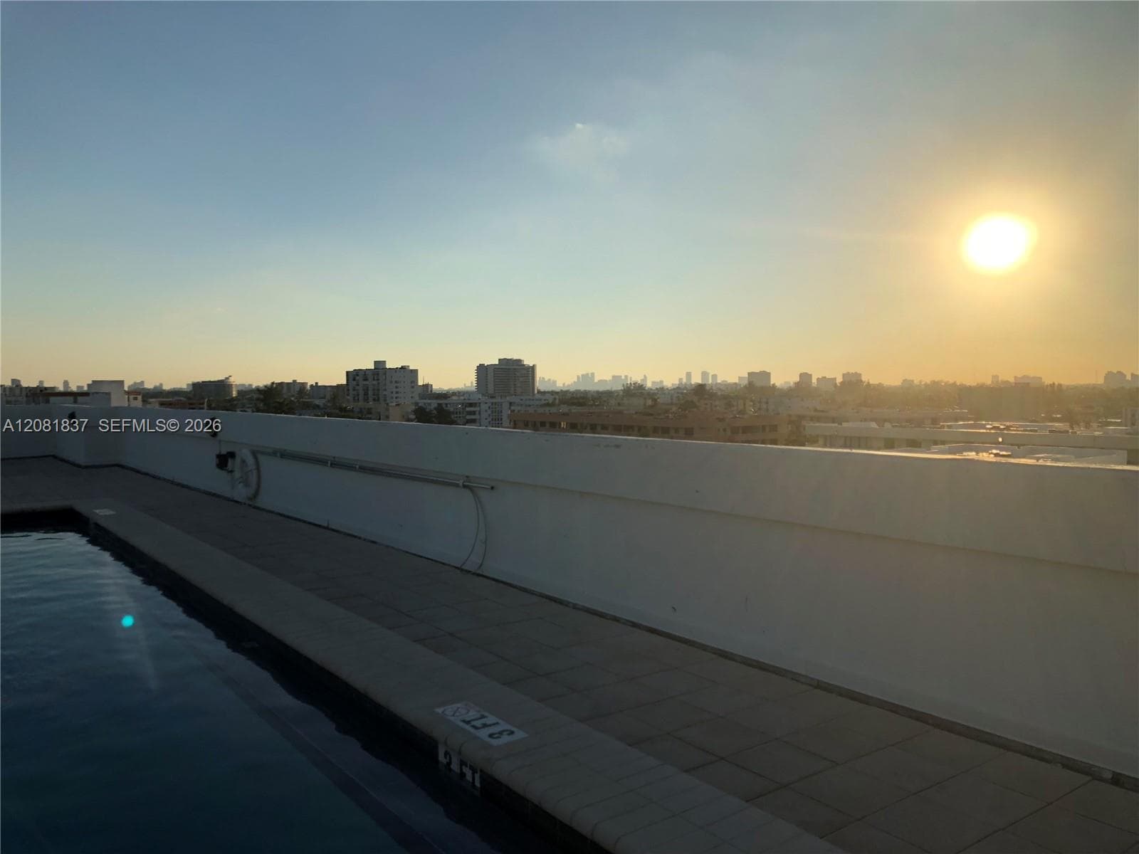 Rooftop swimming pool featuring tiled decking and a parapet wall