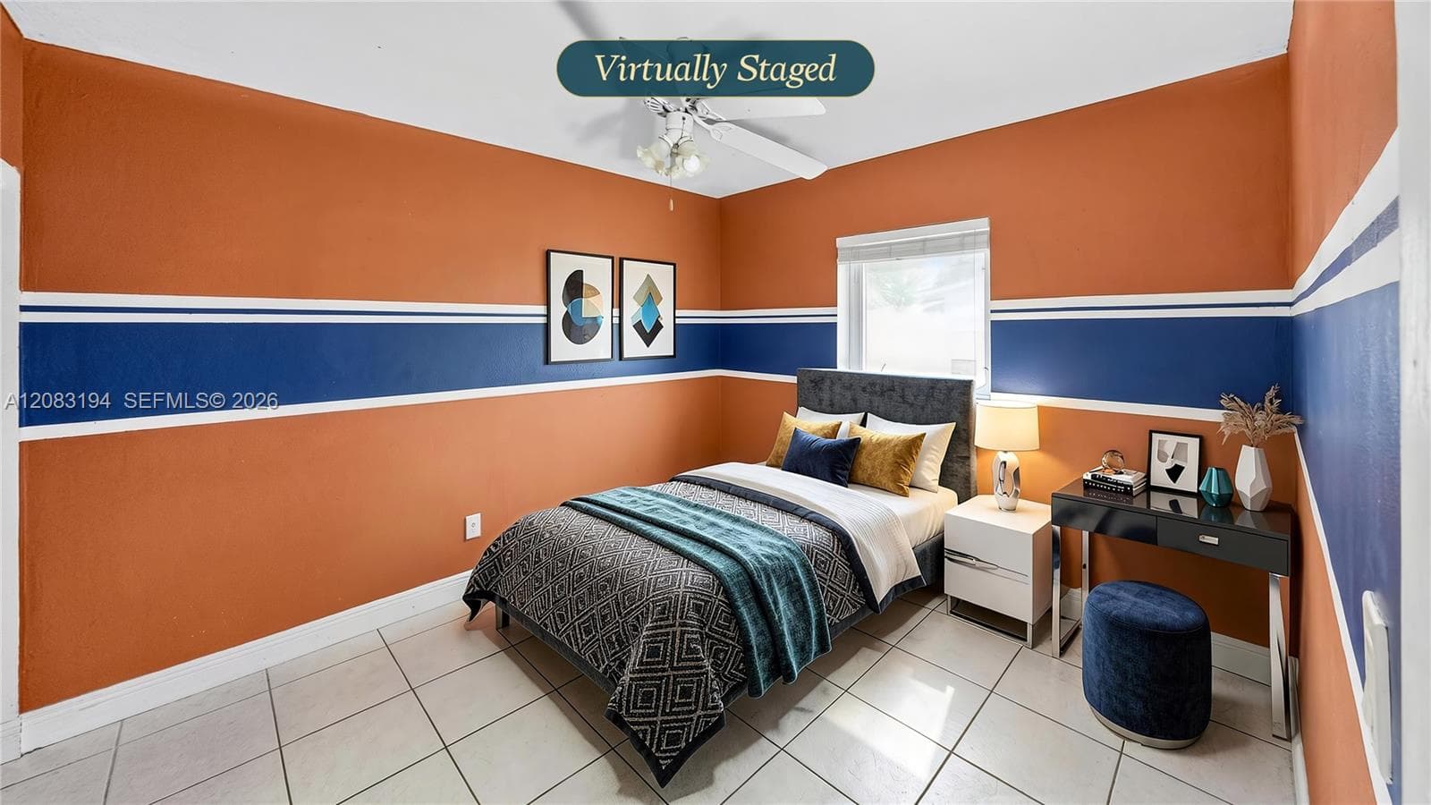 Tile flooring, ceiling-mounted light fixture with fan, and a multi-pane window