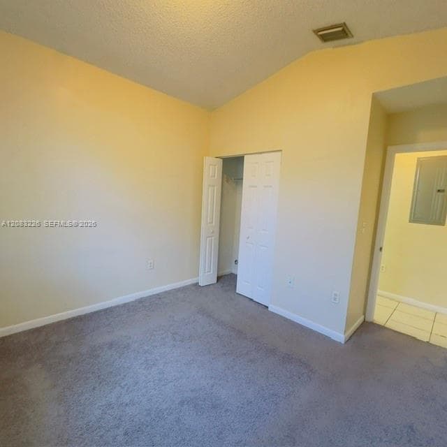 Interior space featuring vaulted ceilings, carpeted flooring, and a double-door closet
