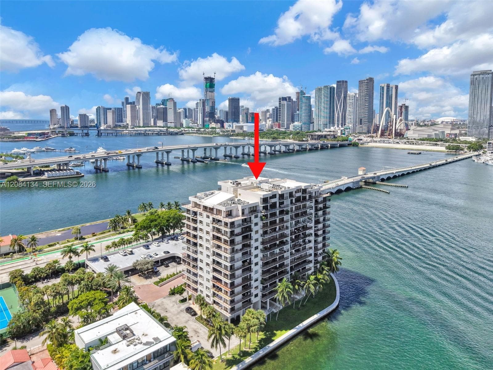 Views to Downtown Miami & to the Iconic six-arched landmark rising over Biscayne Boulevard in downtown Miami  officially known as The Fountain