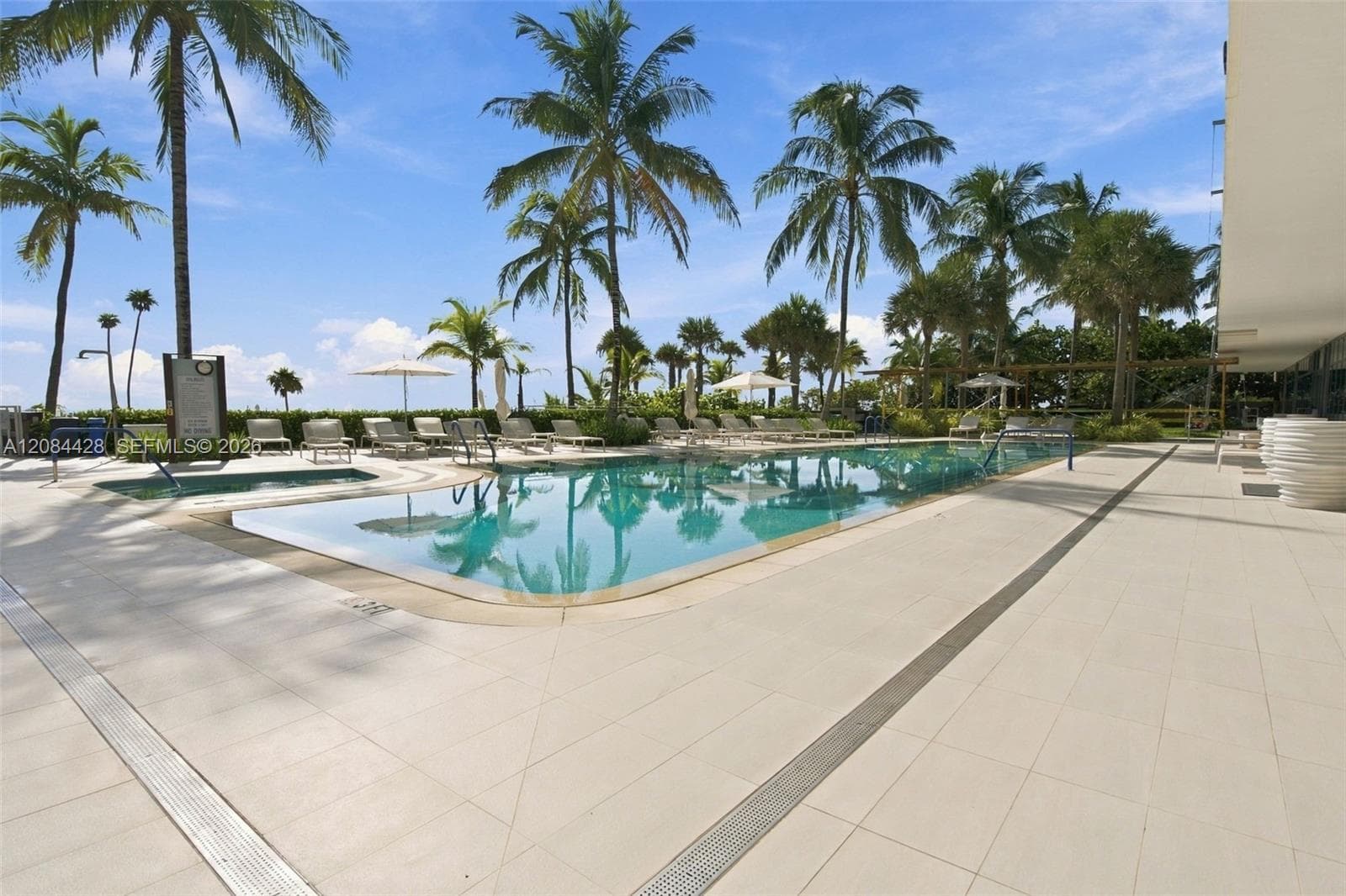 Resort-style swimming pool surrounded by palms and ample sun deck seating.