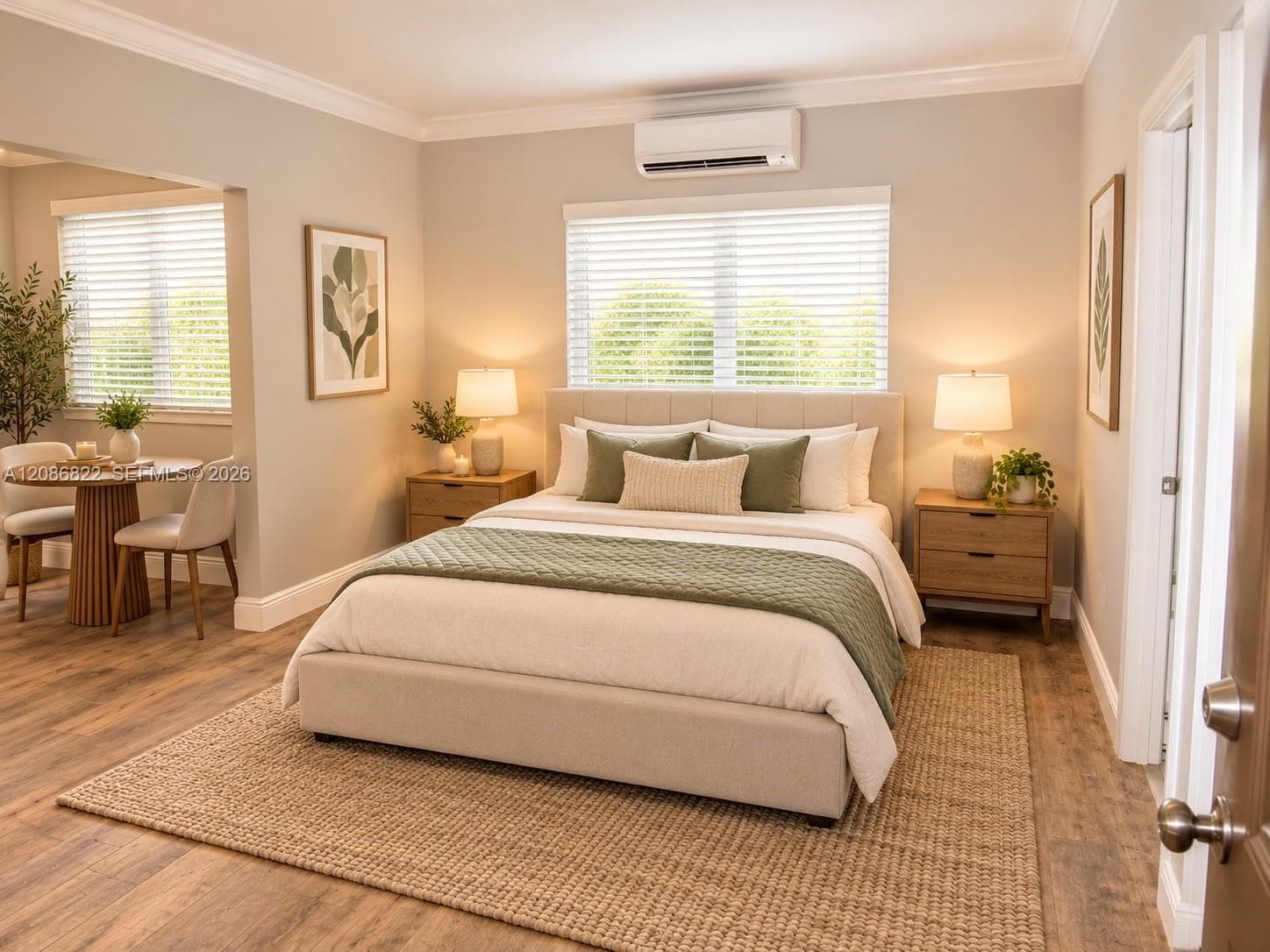Wood-finish flooring, wall-mounted climate control unit, and double-pane windows with integrated blinds