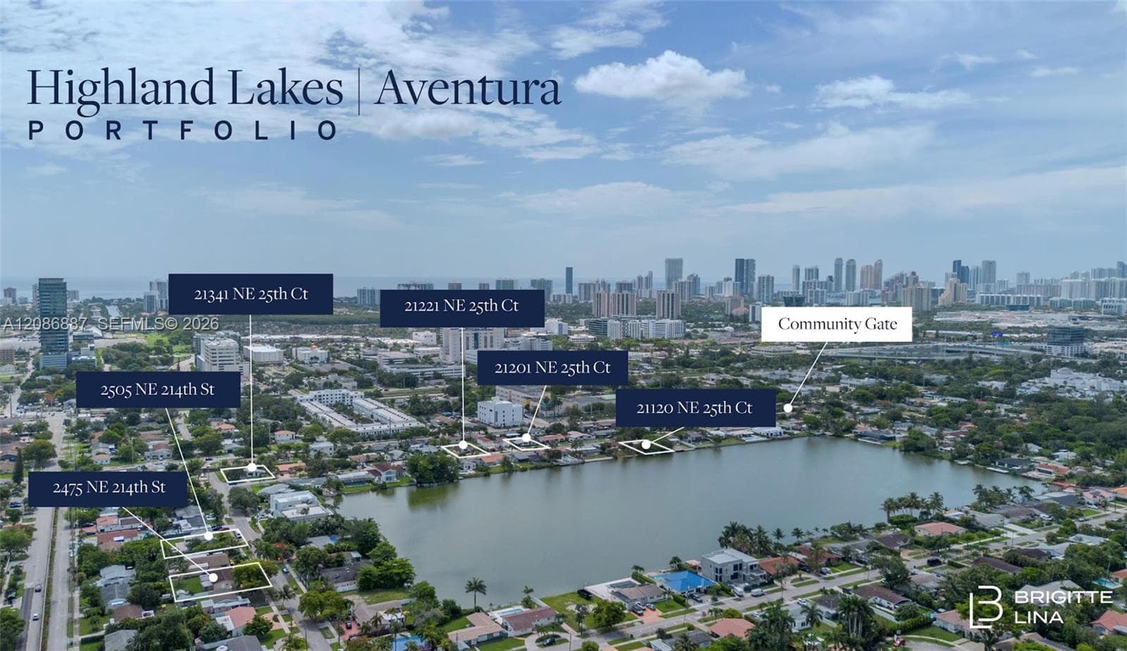 Aerial perspective of the Highland Lakes community featuring waterfront residential lots and gated entry access