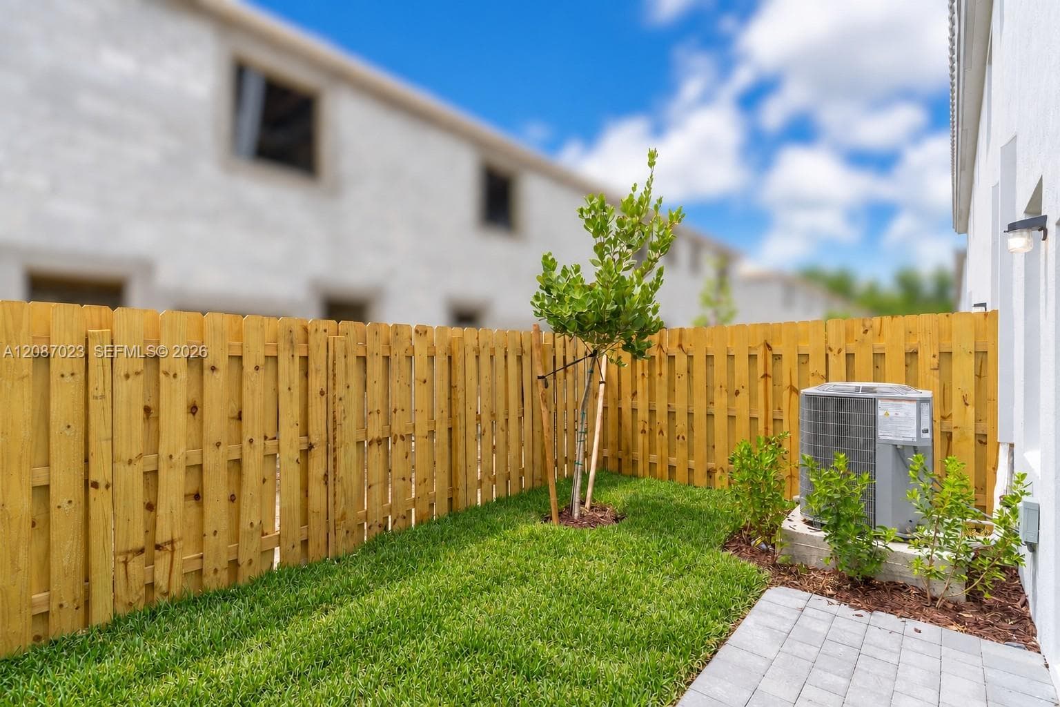 Private side yard featuring a wood picket fence, a manicured lawn, a paved patio, and a central sapling