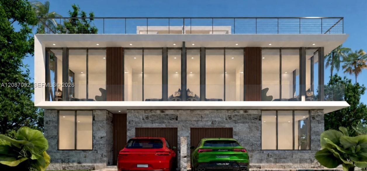 Modern two-story exterior featuring natural stone cladding, floor-to-ceiling glass windows, vertical wood-finish siding accents, and a rooftop terrace with a metal railing