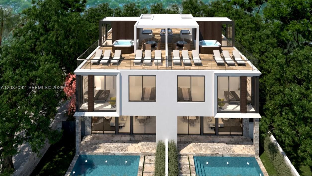 Modern multi-level exterior featuring a rooftop deck with integrated spas, glass panel railings, floor-to-ceiling windows, and private ground-level swimming pools with stone-finish decking