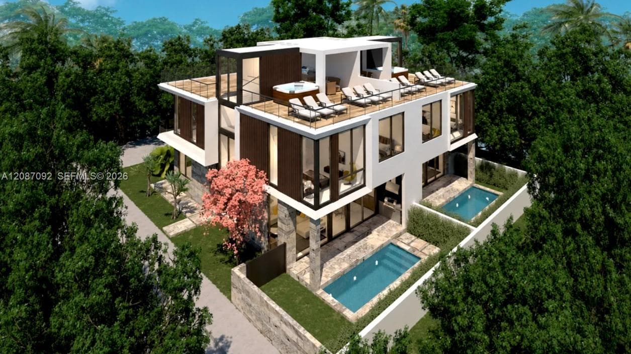 Modern multi-level exterior featuring stone facade accents, floor-to-ceiling windows, private ground-level swimming pools, and an expansive rooftop terrace with integrated spa