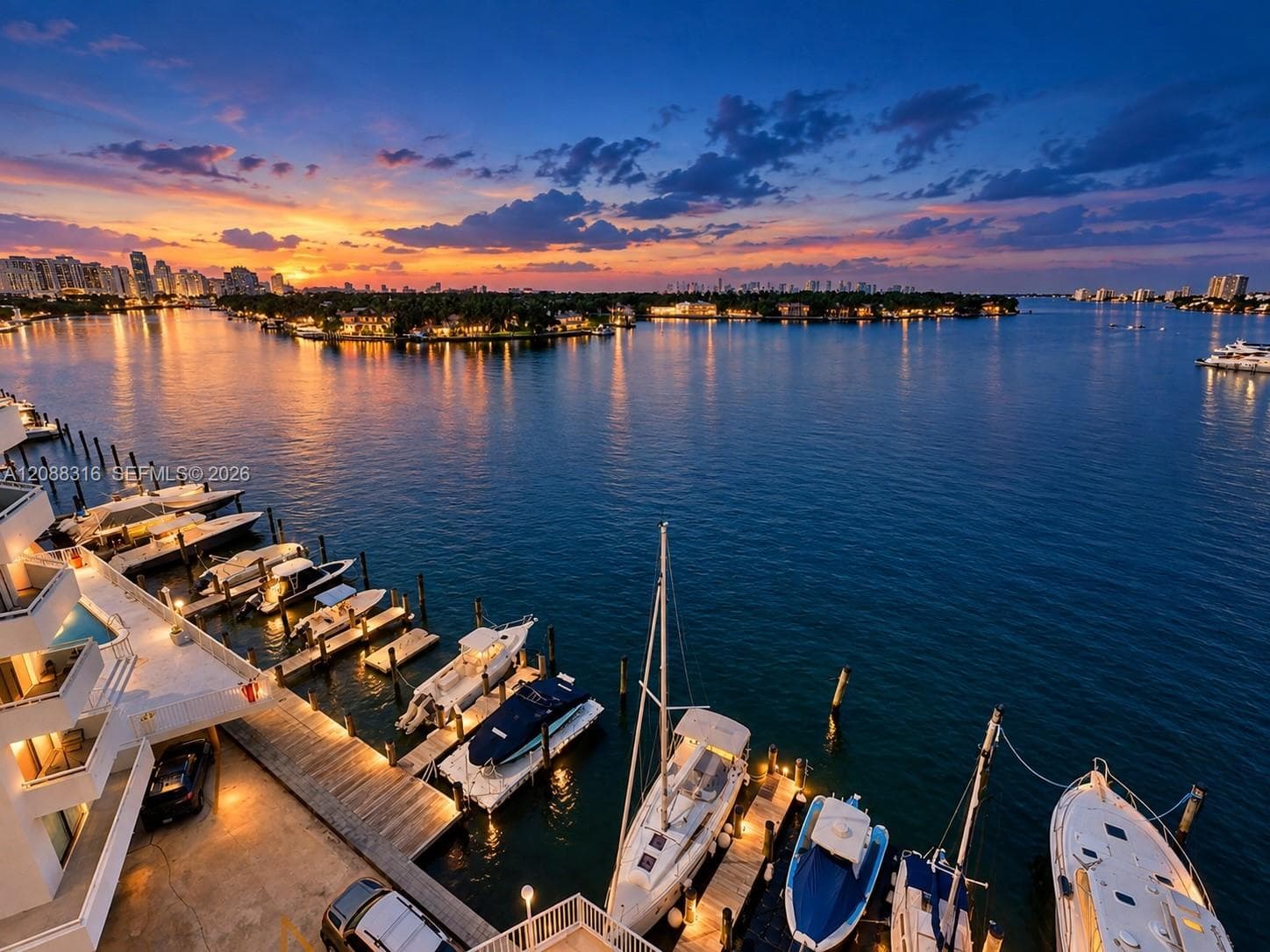 View from the balcony at twilight.