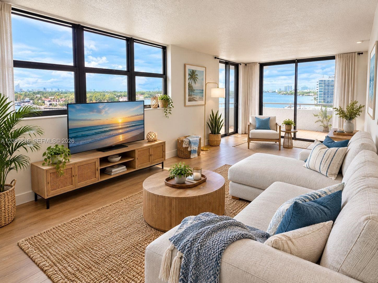 Living room with wraparound water views
