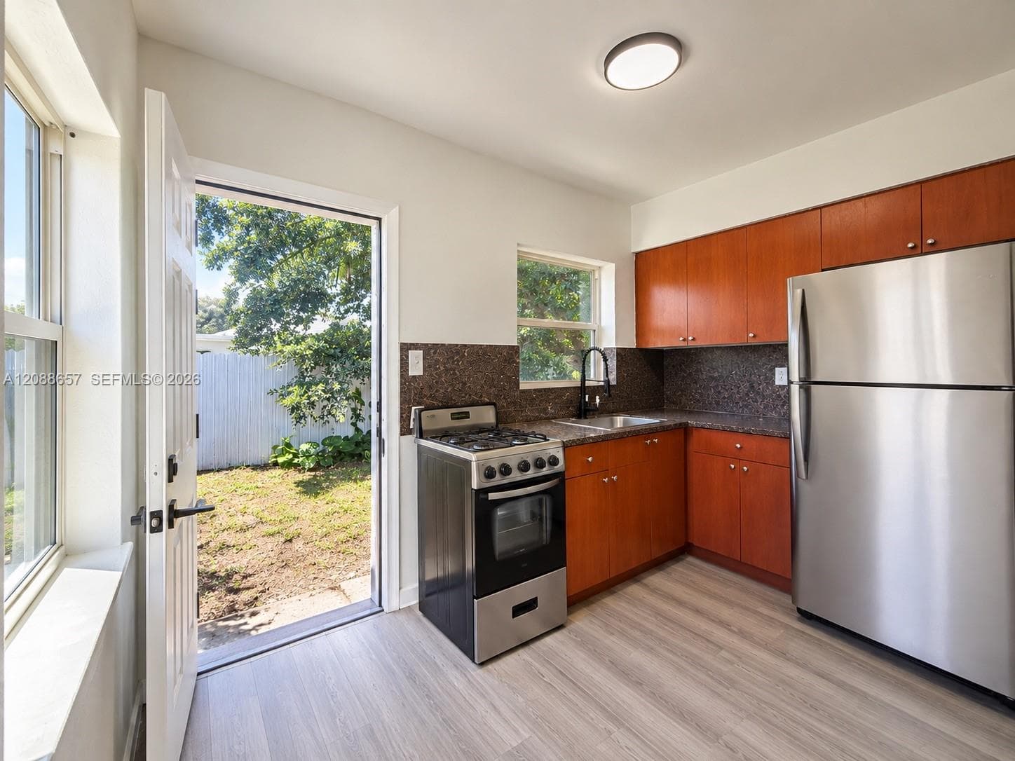 kitchen with backyard