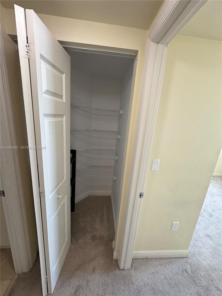 Storage closet featuring a six-panel door and white wire shelving