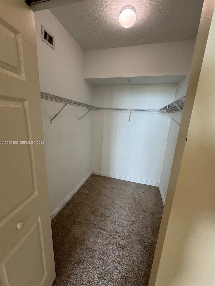 Walk-in closet featuring carpeting and built-in wire shelving in master bedroom showing again as it is so spacious wow