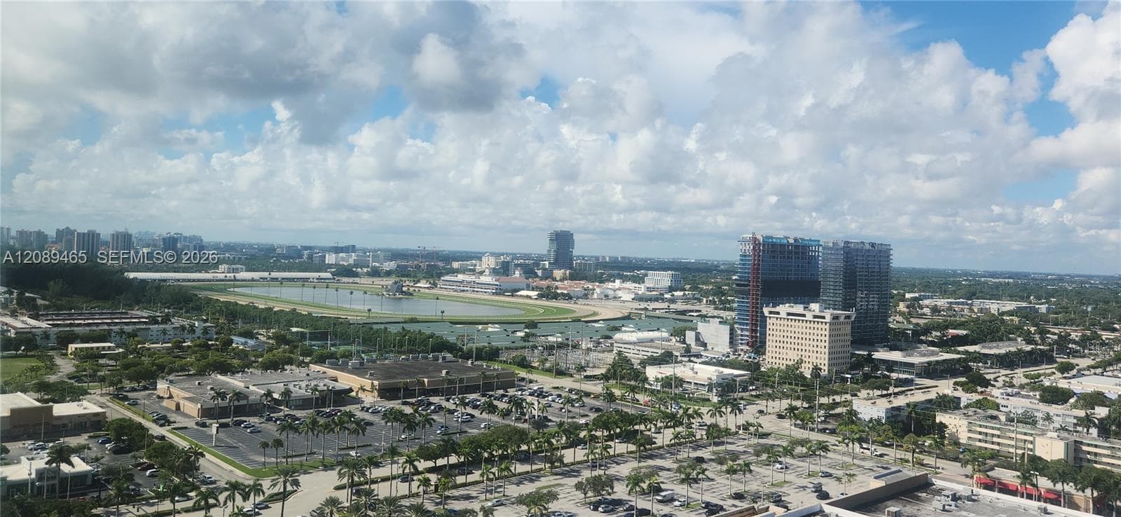 Elevated aerial perspective capturing an expansive metropolitan horizon, featuring a prominent racetrack, multi-story commercial architecture, paved parking infrastructure, and dense greenery