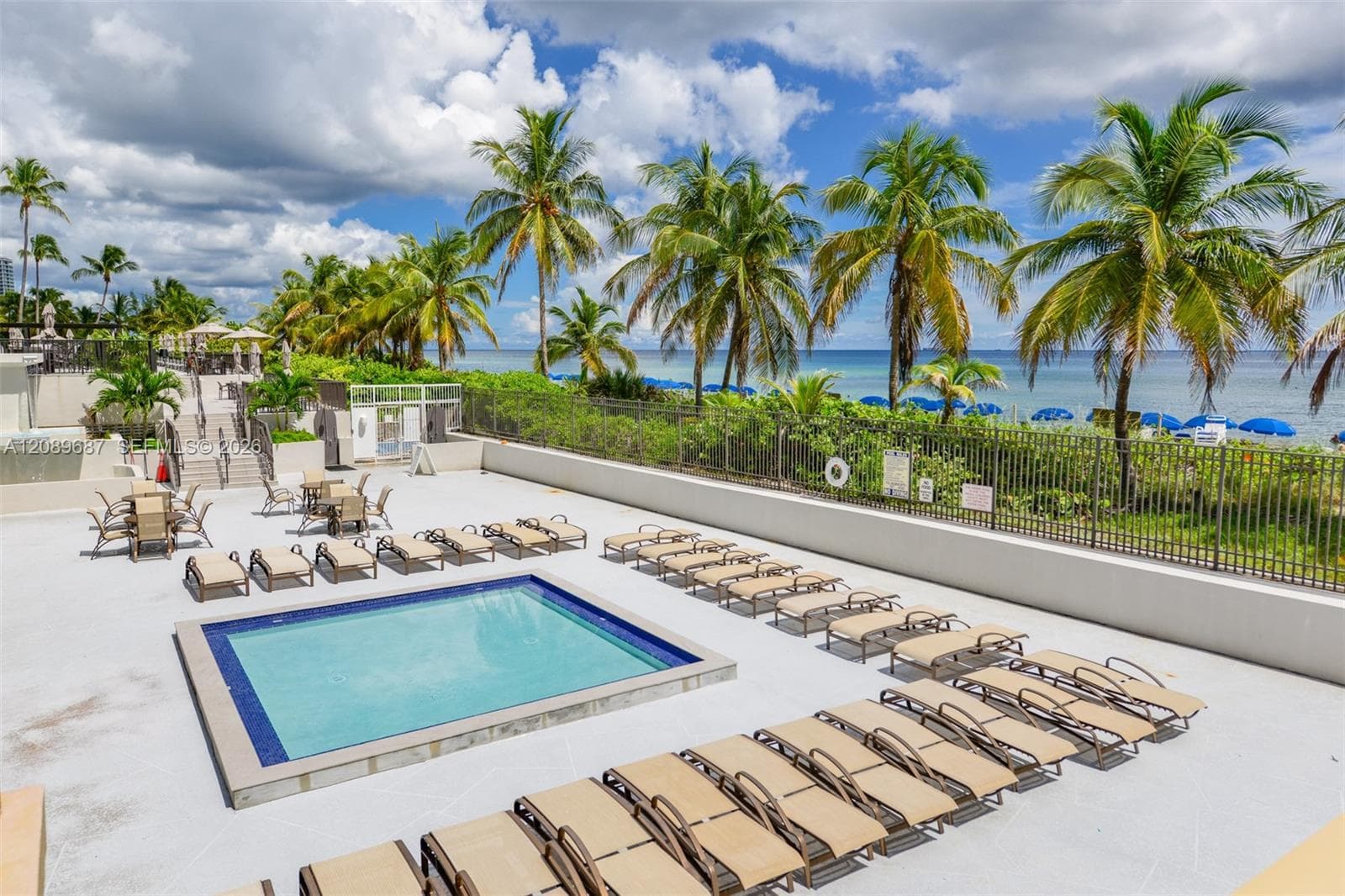 Outdoor swimming pool with tile border, expansive concrete deck, metal security fencing, and mature palm trees