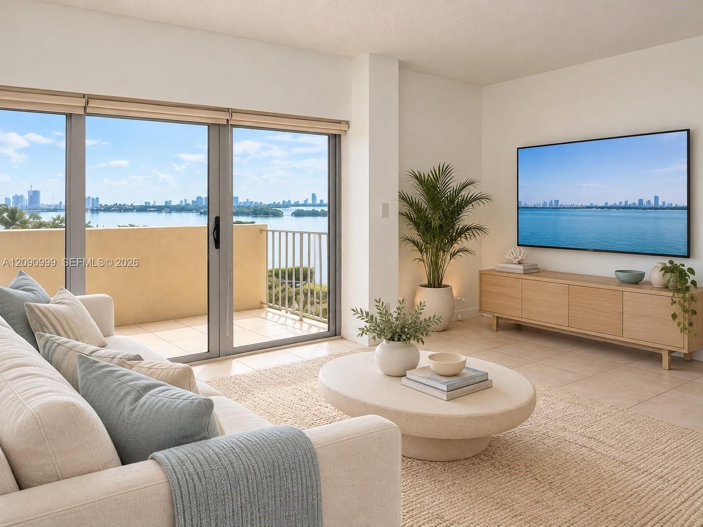 Living area featuring large-format ceramic tile flooring, floor-to-ceiling sliding glass doors, and a private balcony with metal railing virtually staged