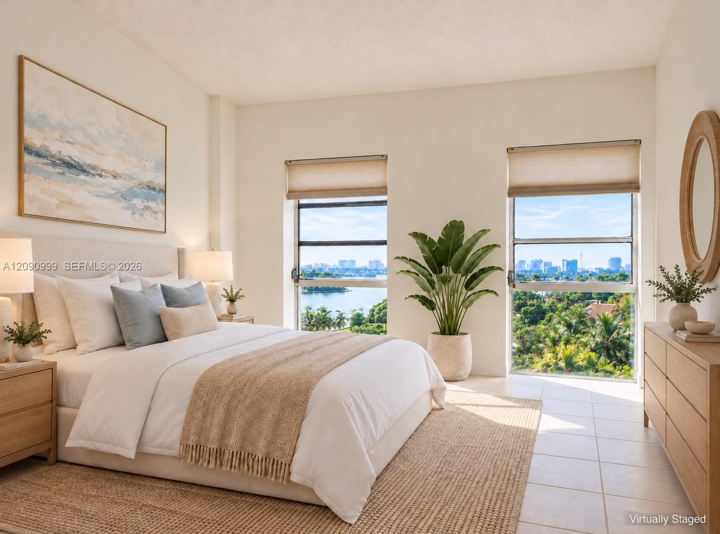 Neutral-toned interior featuring expansive floor-to-ceiling windows, light-colored tile flooring, and prominent water and city skyline scenery