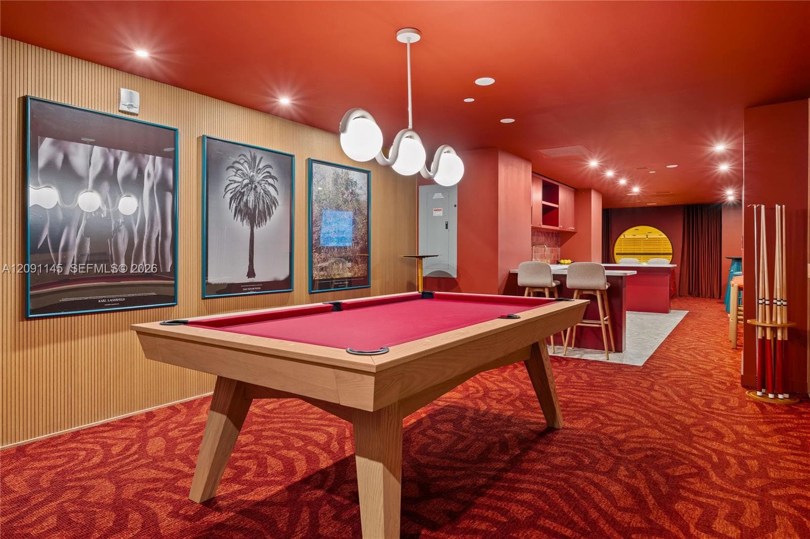 Recreation room featuring a pool table, built-in cabinetry, recessed lighting, and a linear pendant light fixture
