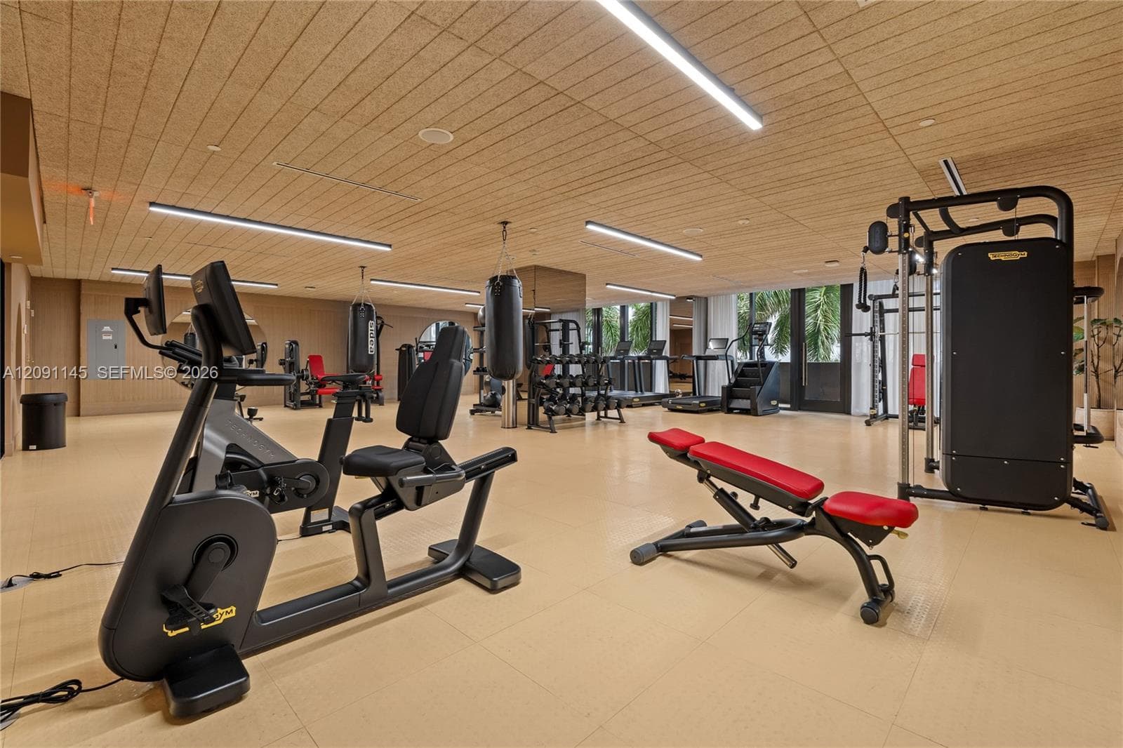 Dedicated fitness center featuring exercise equipment, full-height windows, and recessed linear lighting