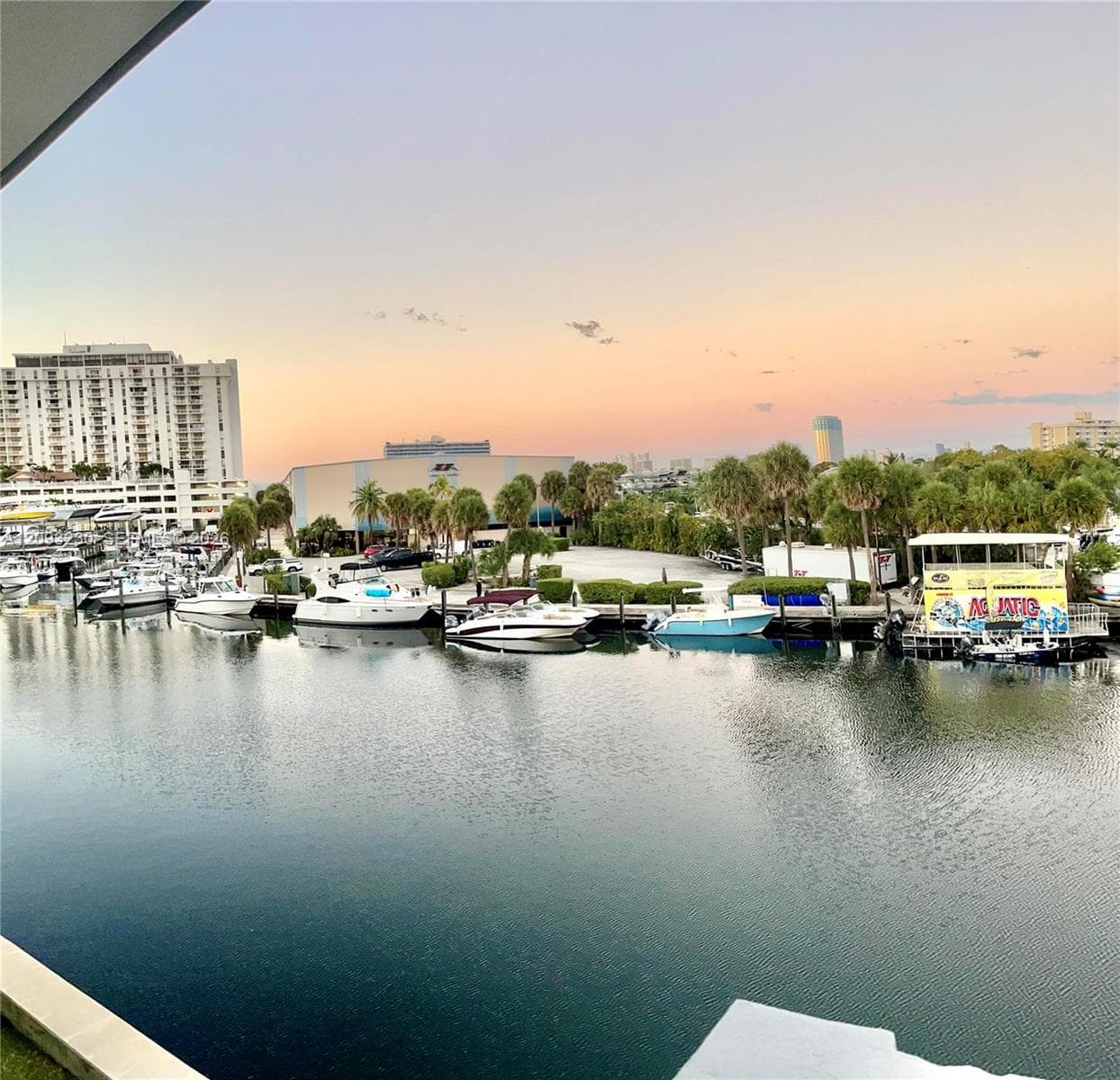 Waterfront property with marina access, surrounded by palm trees and high-rise structures