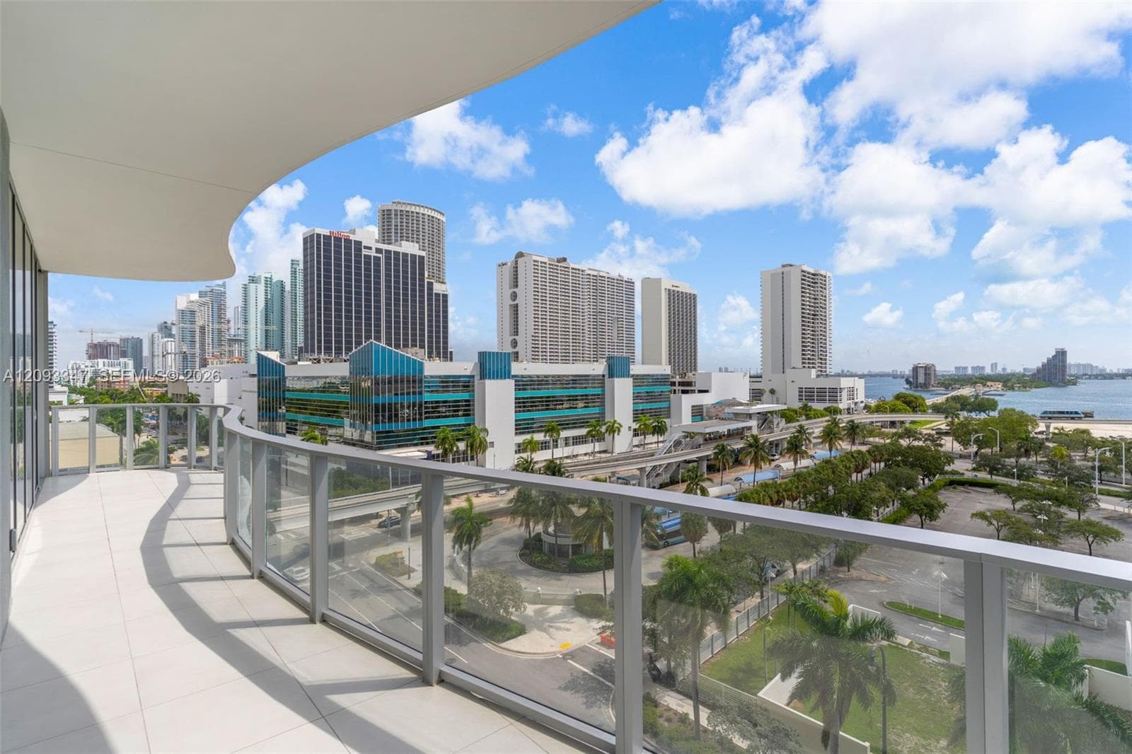 Wraparound balcony with Miami skyline and Biscayne Bay views