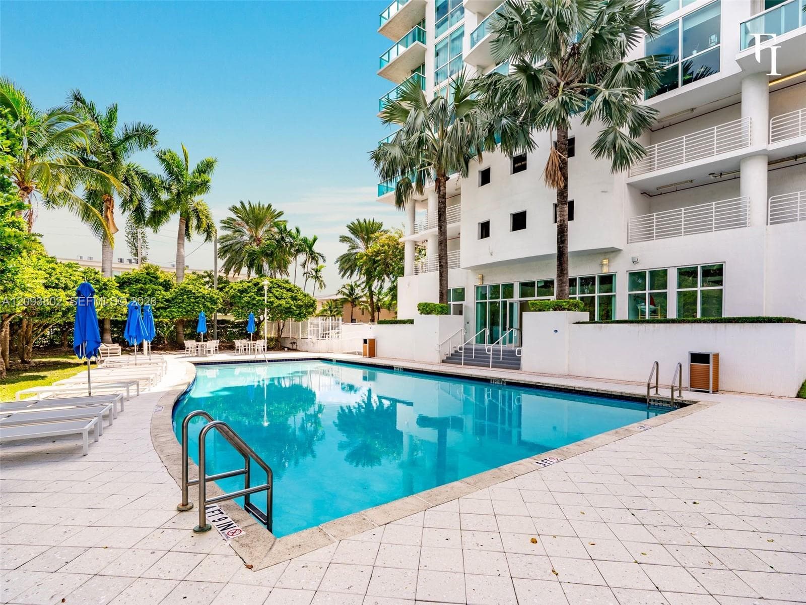 In-ground swimming pool with metal ladder entry, expansive stone paver deck, and surrounding mature palm trees