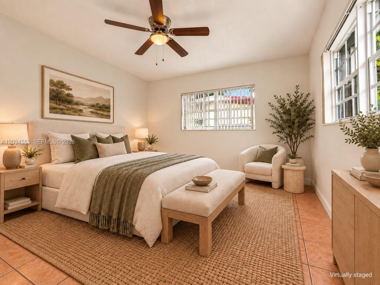 Virtually staged: primary bedroom with ceiling fan and windows on two walls