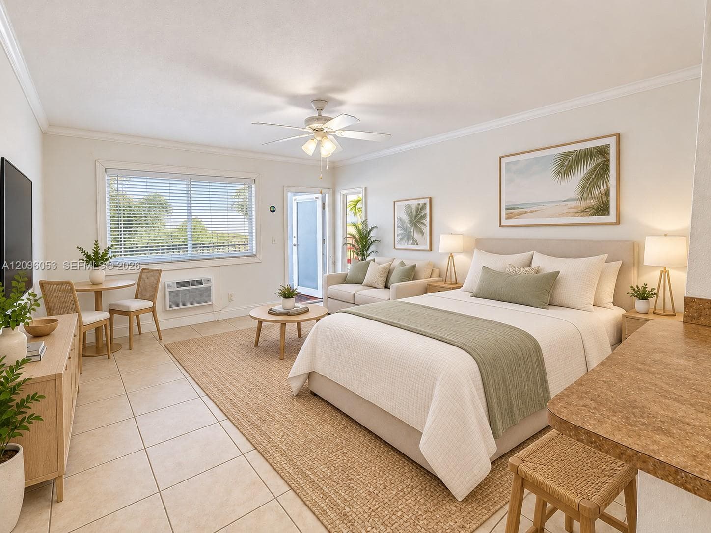 Neutral tile flooring, ceiling fan with light fixture, and window blinds