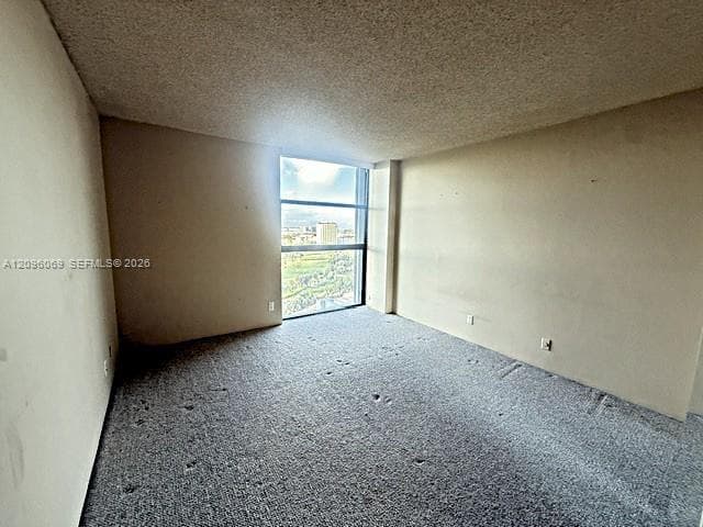 Interior room featuring neutral wall finishes, textured ceiling, carpeted flooring, and a large floor-to-ceiling window