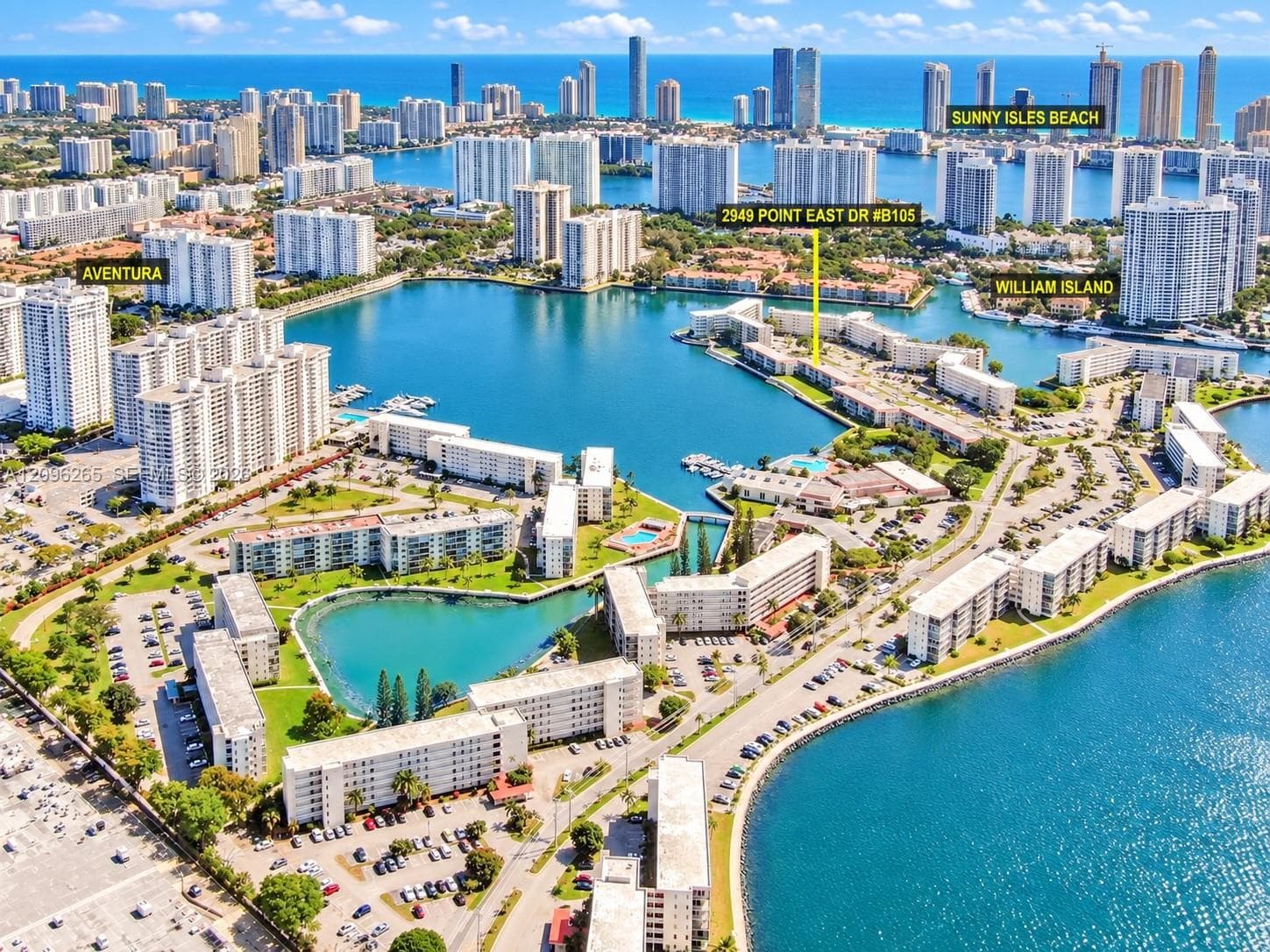 Aerial view showcasing the waterfront community, surrounding waterways, and vibrant Aventura location.