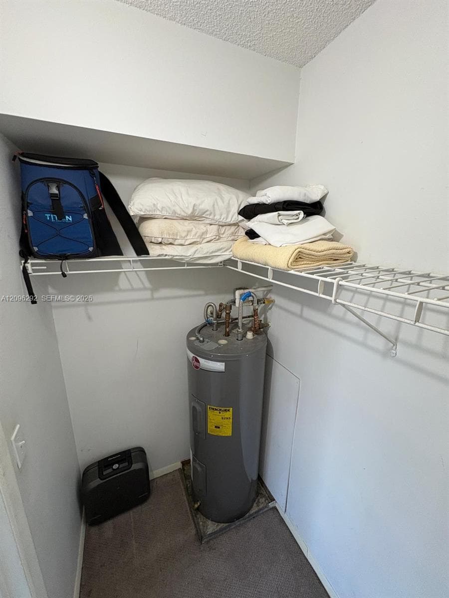 Utility area featuring a cylindrical water heater, mounted wire shelving, and carpeted flooring