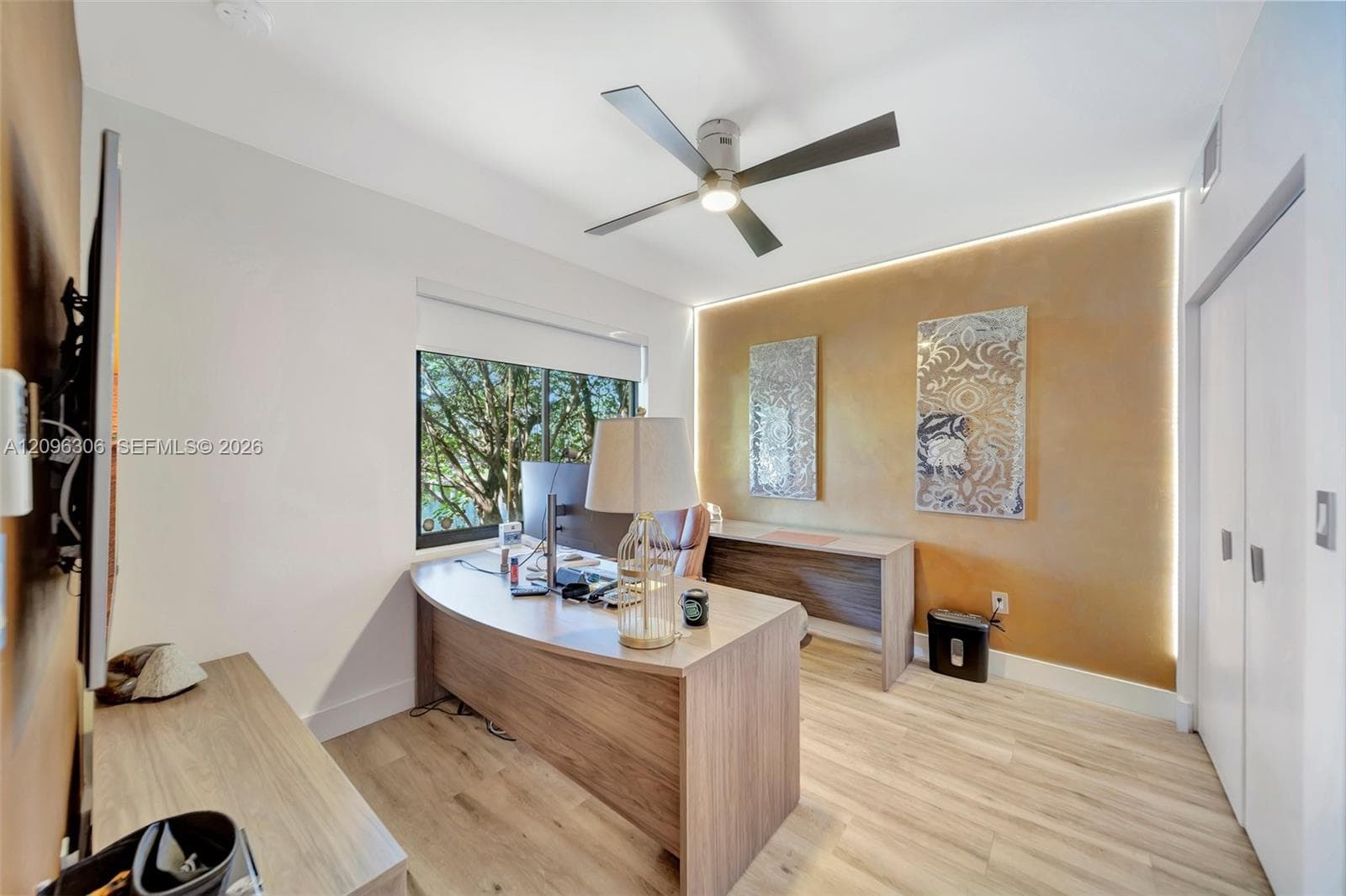First Floor guest bedroom currently used as an office with custom lighting