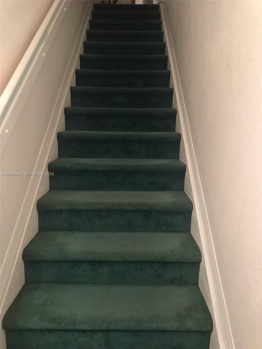 Staircase featuring wall-to-wall carpeting and painted white railings