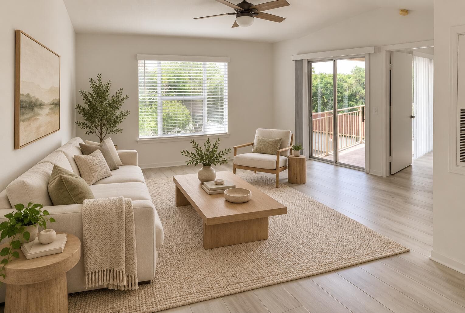 Warm modern living room with balcony