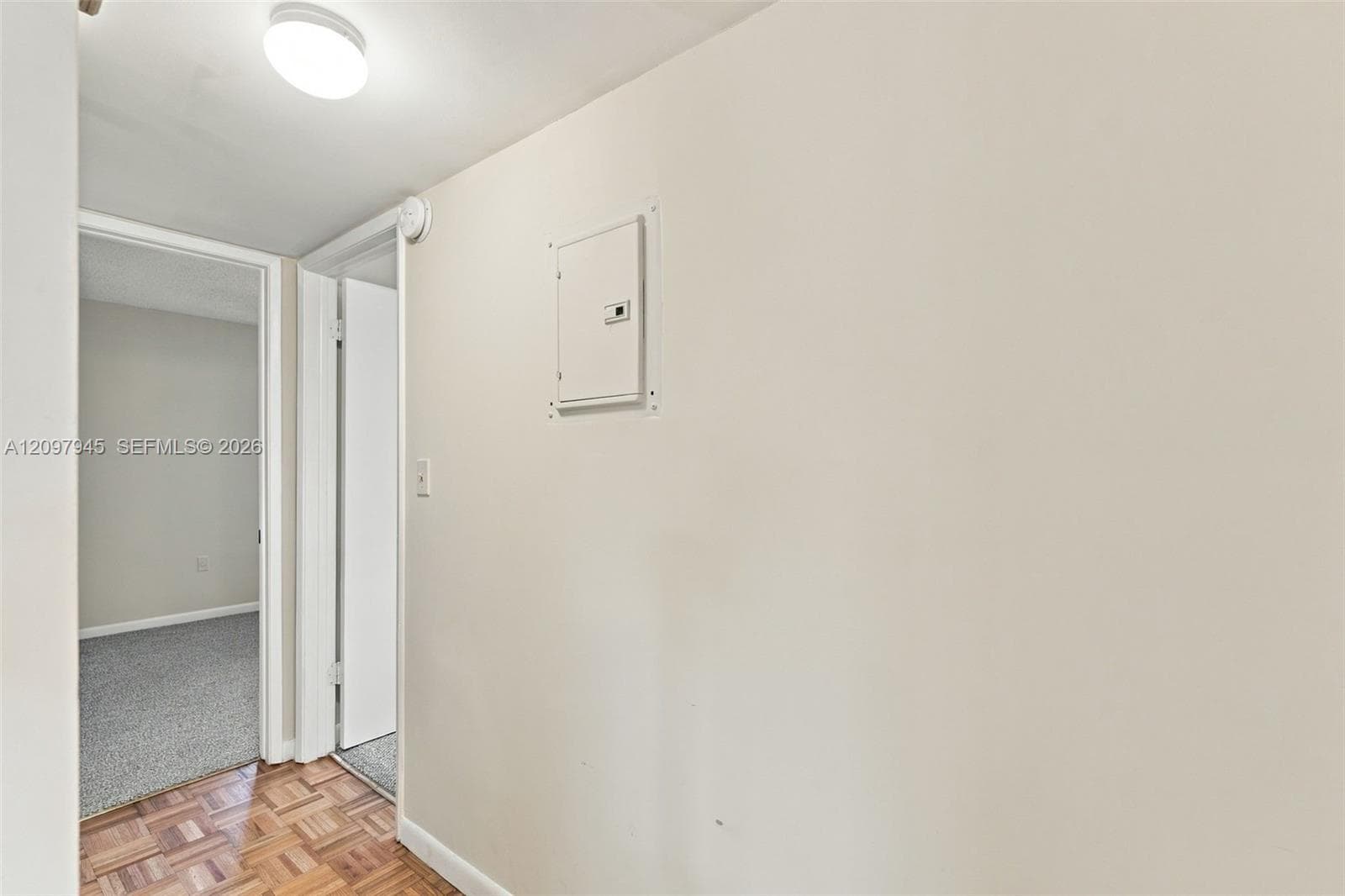 Hallway featuring parquet wood-finish flooring, neutral wall paint, and a flush-mount ceiling fixture