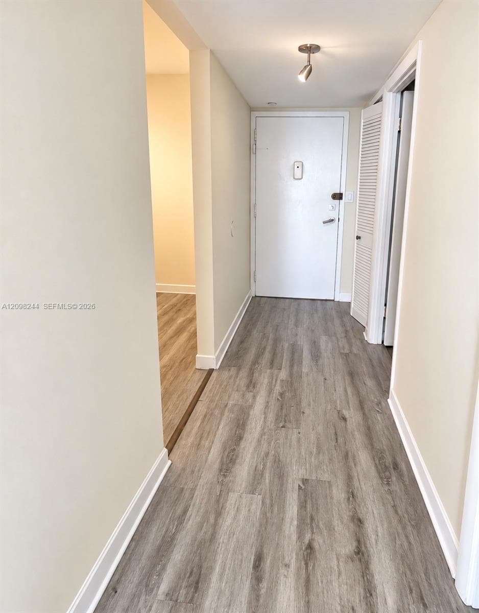 Entryway featuring wood-finish flooring, neutral wall paint, a single-bulb directional ceiling light, and a white louvered closet door