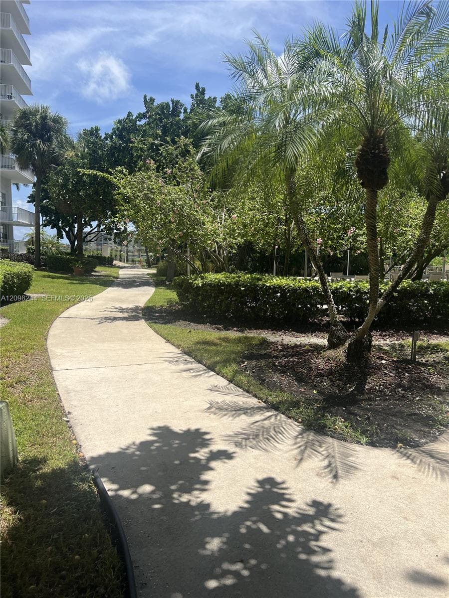 Concrete walking path winding through grounds with manicured hedges and mature palm trees